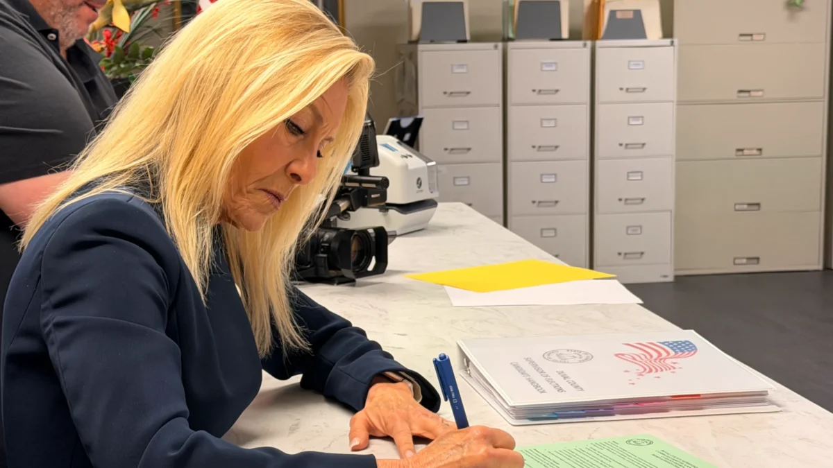 Jacksonville Mayor Donna Deegan fills out paperwork to run for reelection.