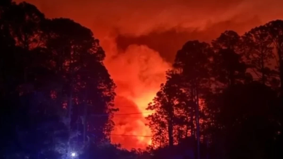 A billowing wildfire surrounded by trees in Southeast Georgia.
