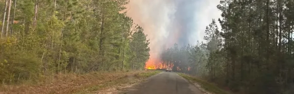 Wildfire shown along the road in Brantley County, Georgia.