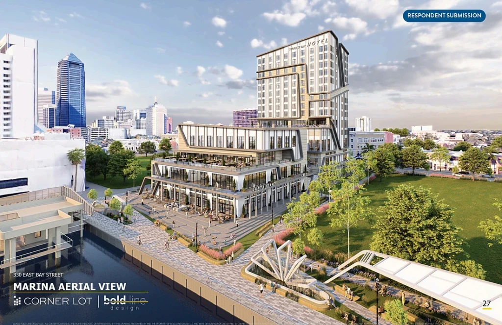 A rendering of the hotel and convention center.