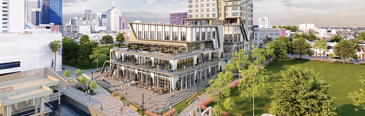 A rendering of the hotel and convention center.