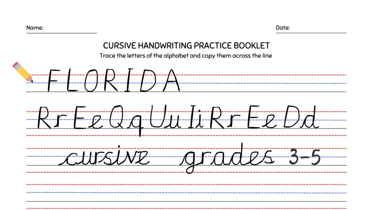 A cursive handwriting practice sheet.
