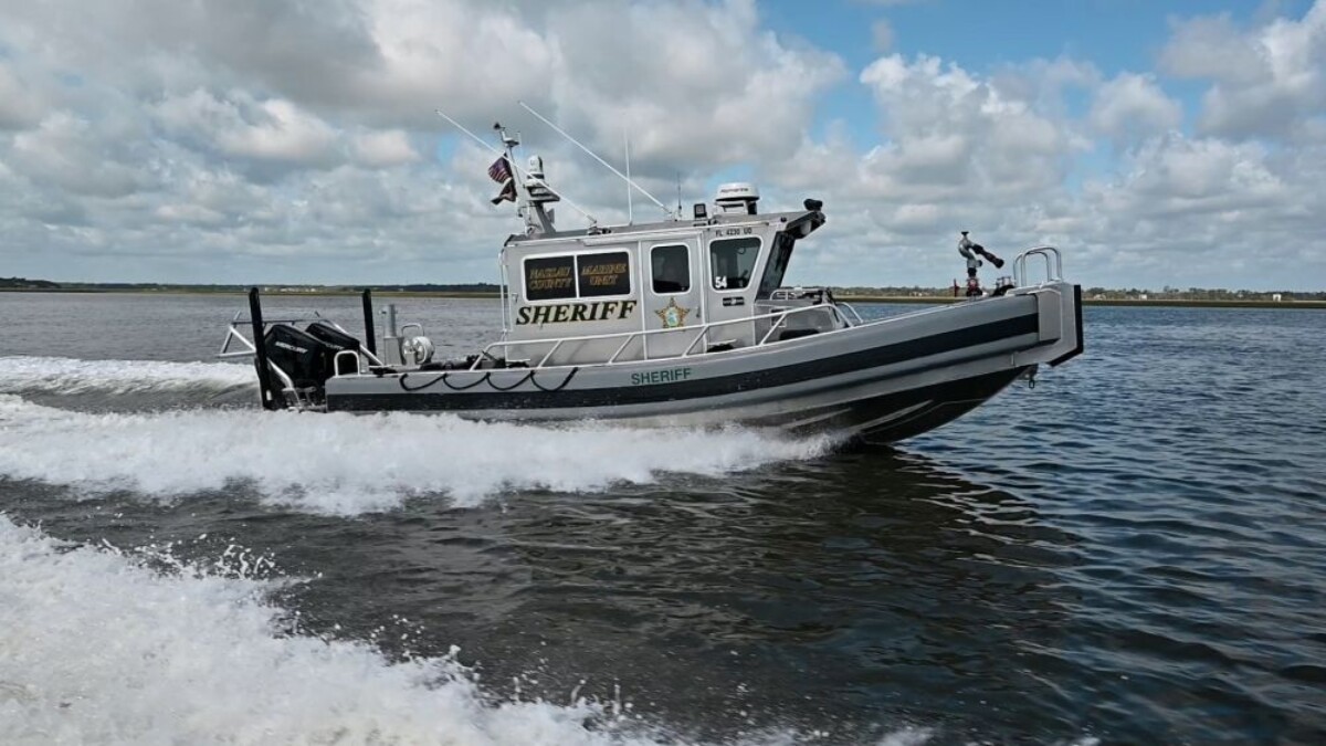 One of the new Nassau County marine patrol boats skimming through the water.
