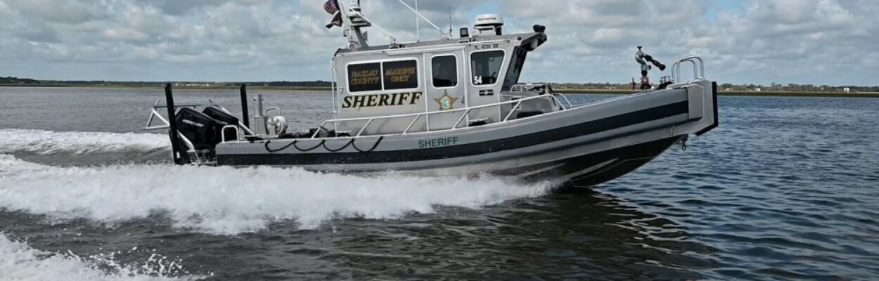 One of the new Nassau County marine patrol boats skimming through the water.