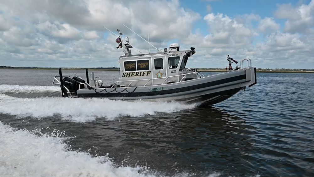 One of the new Nassau County marine patrol boats skimming through the water.