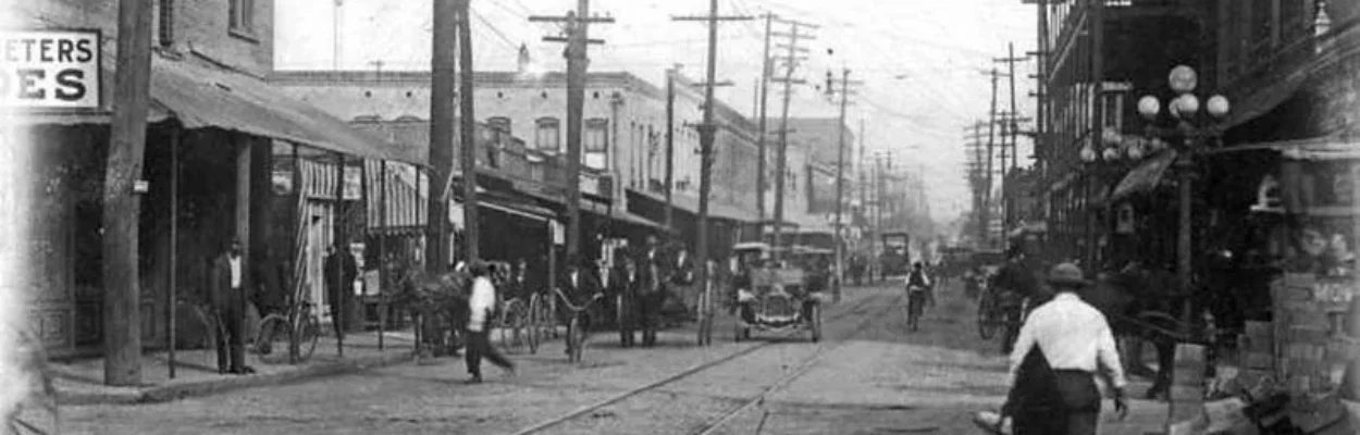 A view down Bridge Street, which was part of Jacksonville's small Chinese laundry commercial corridor in the late 1800s