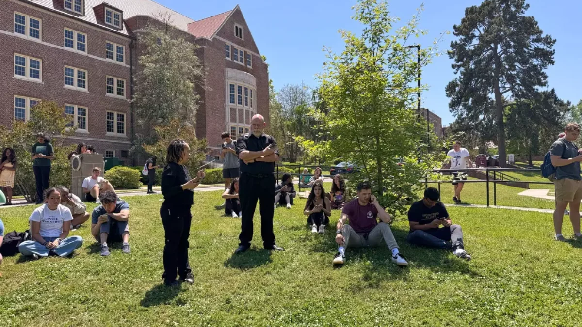 Florida State University students wait for news amid an active shooter incident at the school’s campus April 17, 2025, in Tallahassee.