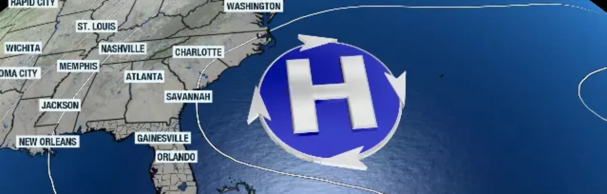 Map showing a high pressure system off the coast that will raise temperatures.