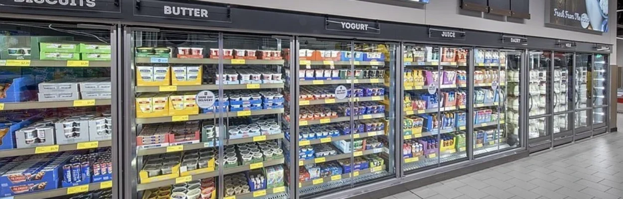 The frozen food cooler at Aldi.