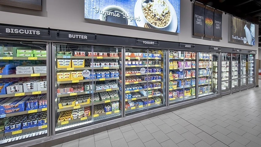 The frozen food cooler at Aldi.
