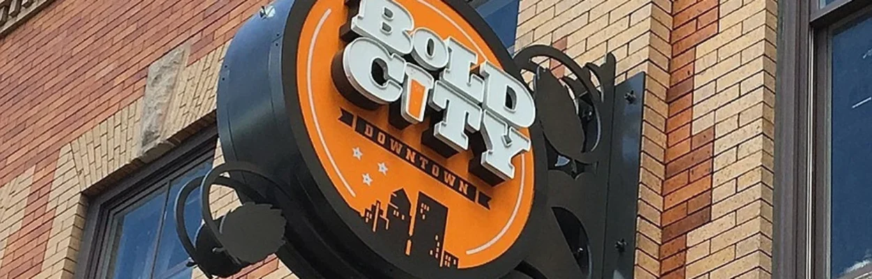 The sign for Bold City Brewery hangs from the building in Downtown Jacksonville.