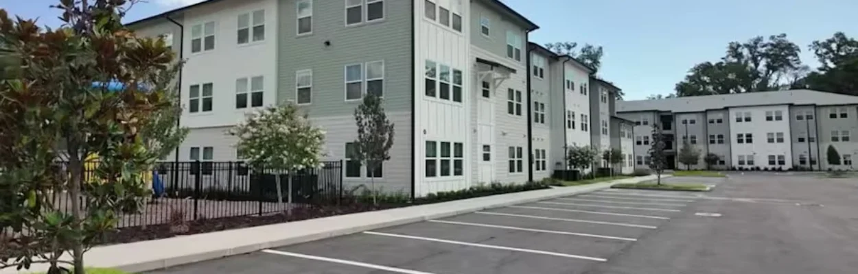Buildings in the Village of New Augustine, an affordable apartment development.