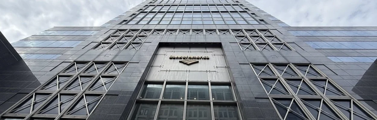 Looking up from the ground level at the Bank of America Tower