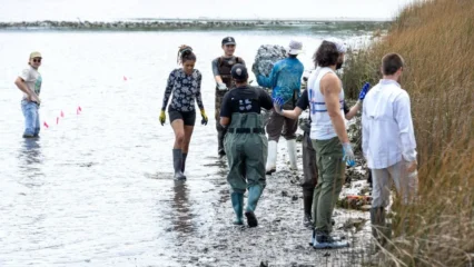 Featured image for “Volunteers plant oyster shell habitats in effort to help clean waterways”