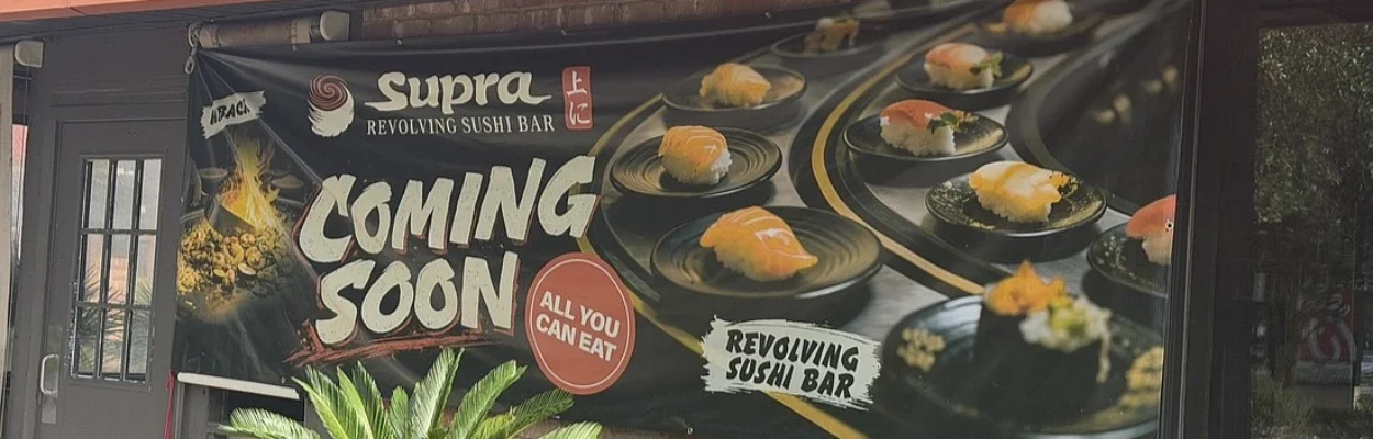 A sign shows the new sushi restaurant planned in Tinseltown.