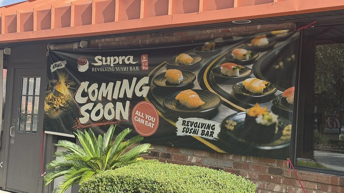 A sign shows the new sushi restaurant planned in Tinseltown.
