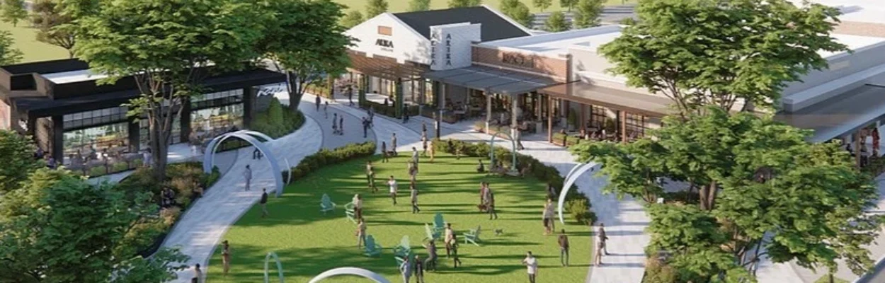 Aerial illustration showing shops and a large lawn at The Village at Seven Pines