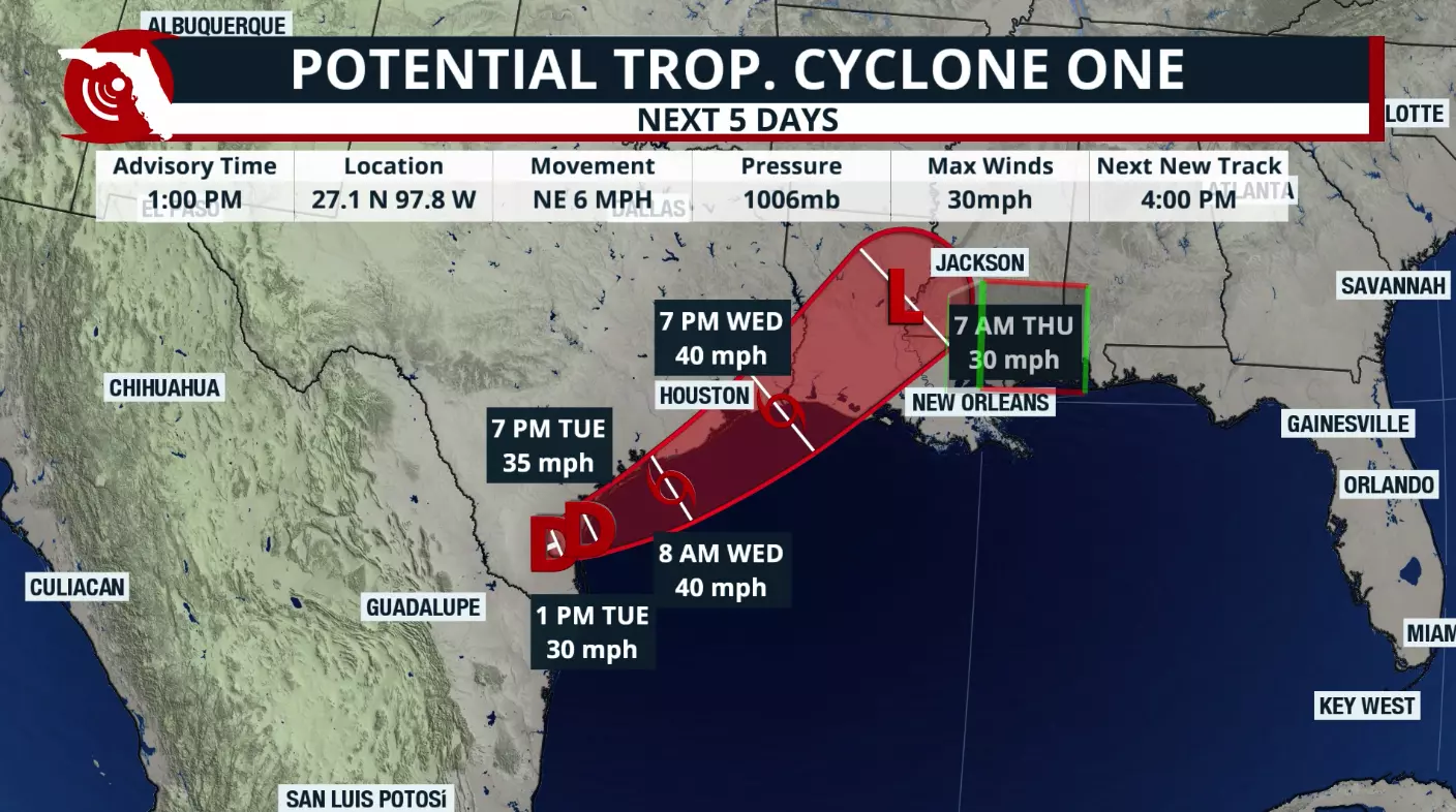 A map showing Potential Tropical Cycline One