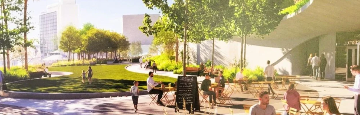 Rendering of the second phase of Riverfront Plaza, site of European Street Cafe.