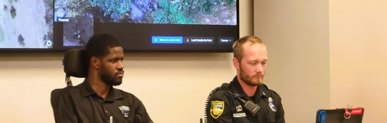 Police officers sit at a table operating a drone.