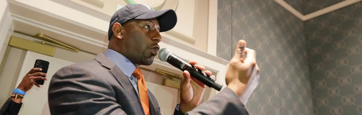 Former Florida Democratic gubernatorial nominee Andrew Gillum speaks to supporters during a gathering at the Florida Democratic Party state conference, June 7, 2019, in Orlando.