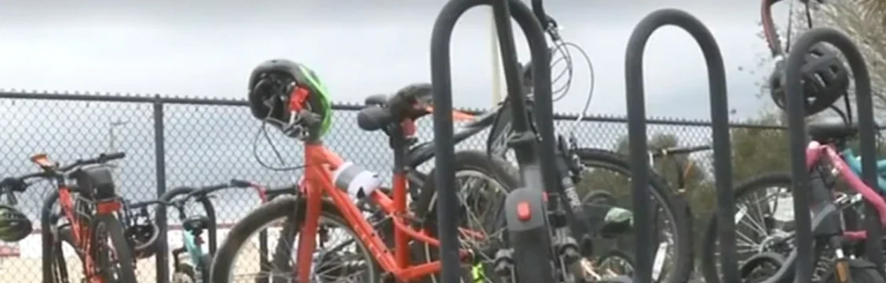 Bikes are lined up at racks in Fernandina Beach.