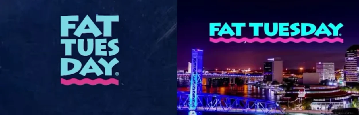 A Fat Tuesday advertisement, with the logo superimposed over the Jacksonville skyline.