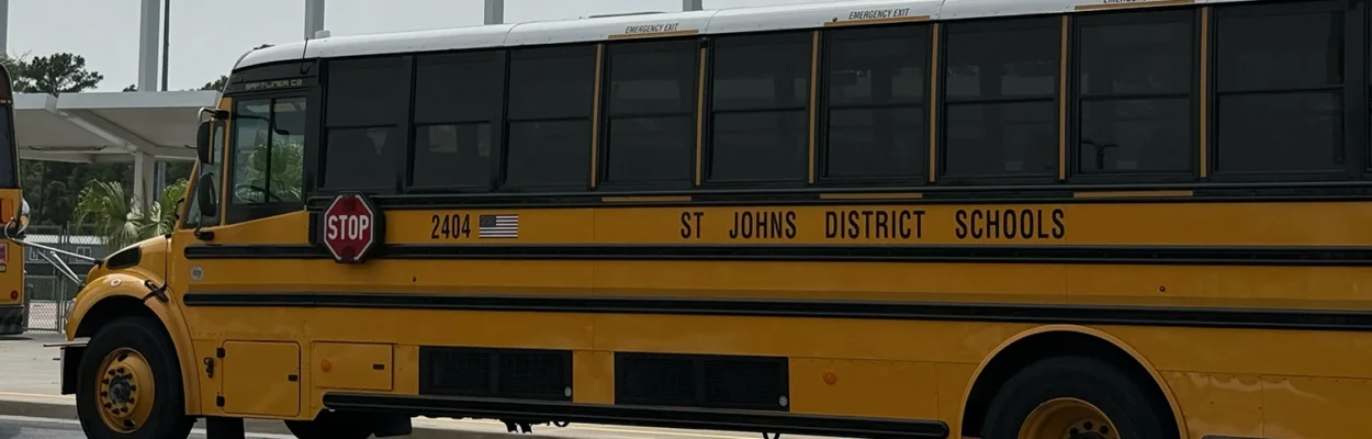 A school bus in St. Johns County, where three candidates are running for a seat on the School Board from the northeast part of the county.