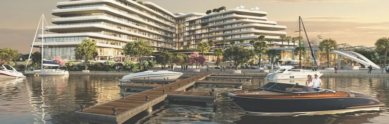 Rendering of the Four Seaons Hotel with boats floating by docks.