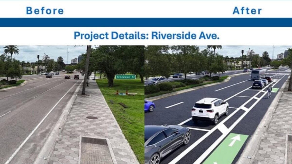 Rendering showing bicycle lane and parallel parking added to Riverside Avenue.