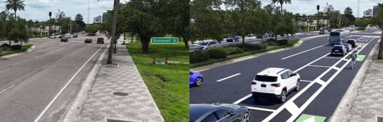 Rendering showing bicycle lane and parallel parking added to Riverside Avenue.