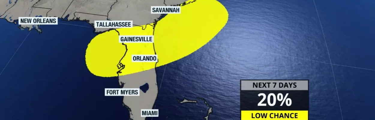 A map showing a weather system and the potential for tropical development.