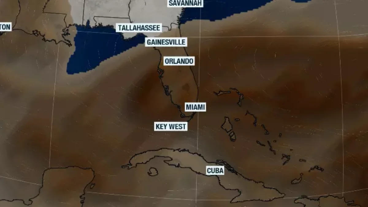 A map showing a blanket of Saharan dust over Florida.