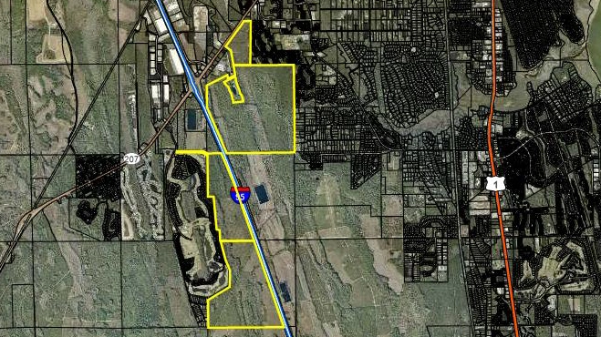 The boundaries of the proposed Heritage East and Heritage West development areas, highlighted in yellow