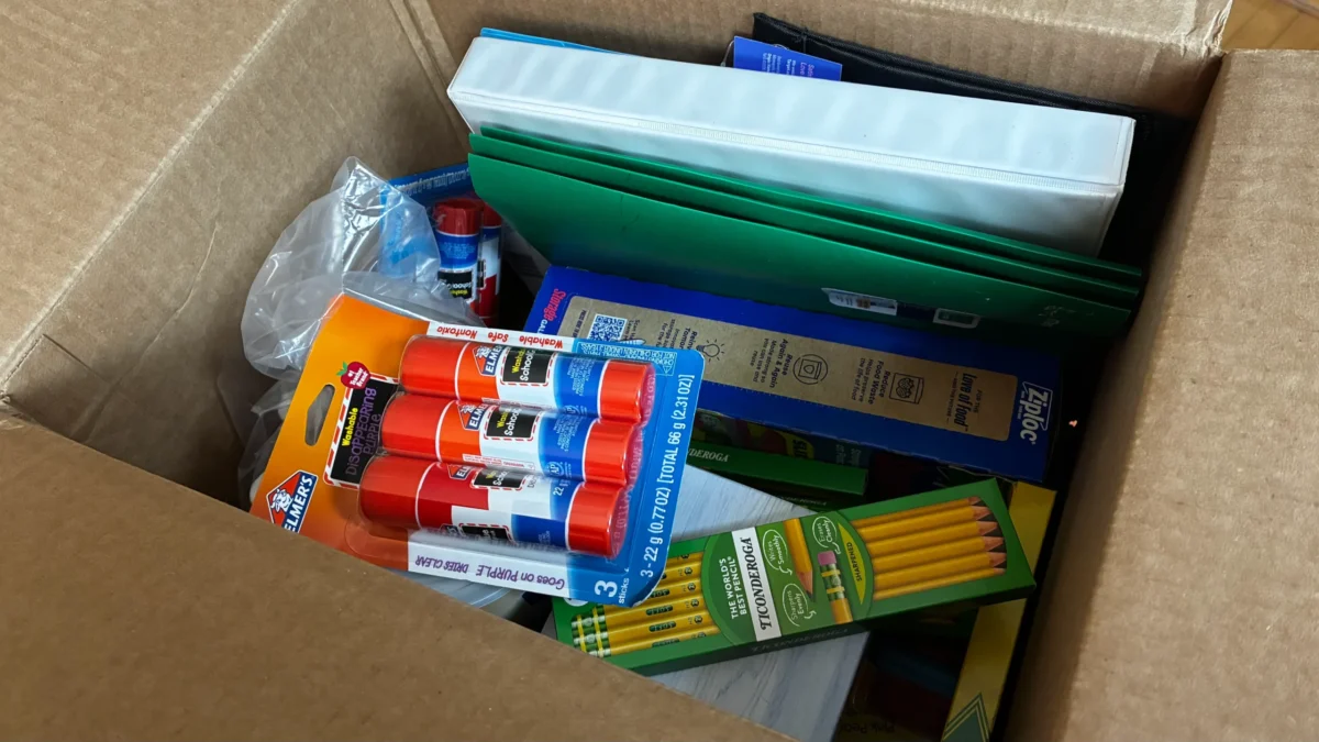 school supplies in a box