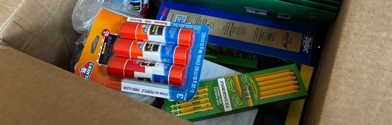 school supplies in a box
