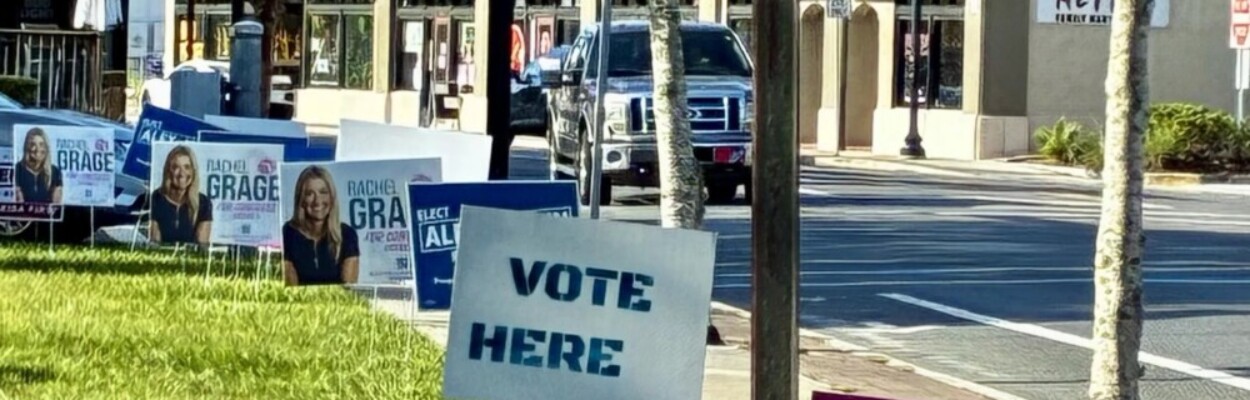 Campaign signs and "vote here" sign in grass