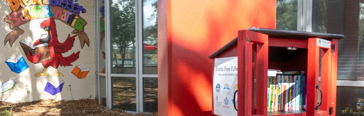 Attempting to increase literacy, a red box contains a Little Free Library at Sallye B. Mathis Elementary in Northwest Jacksonville.