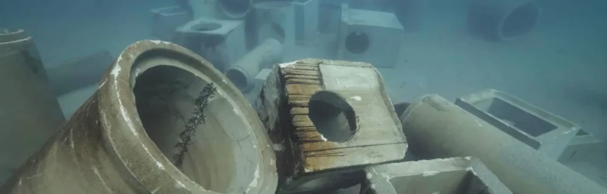 Concrete culverts and piping lay on the ocean floor, forming an artificial reef.