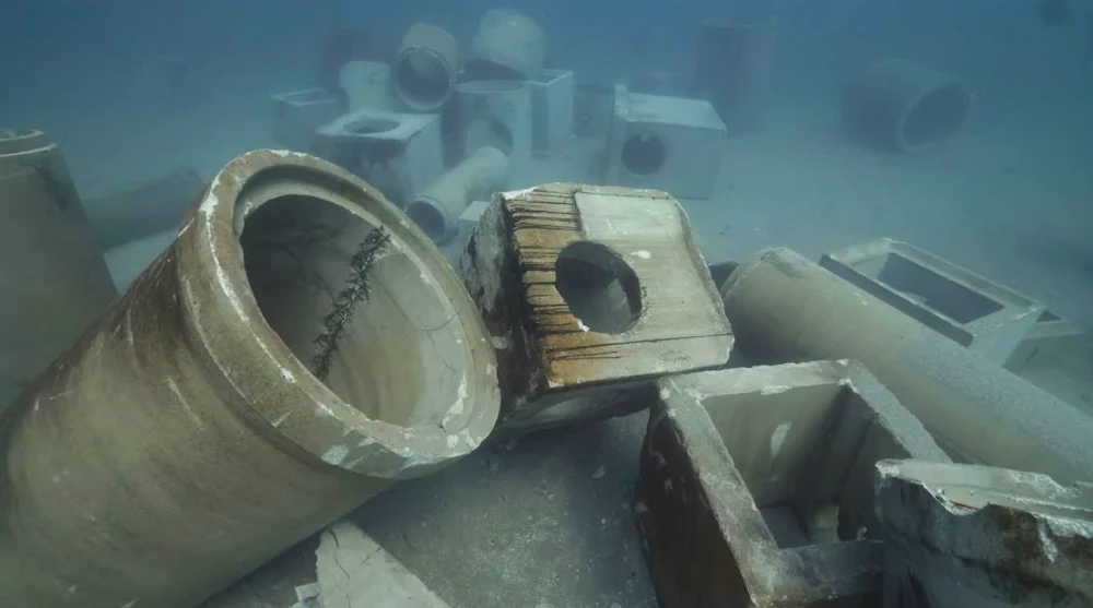 Concrete culverts and piping lay on the ocean floor, forming an artificial reef.