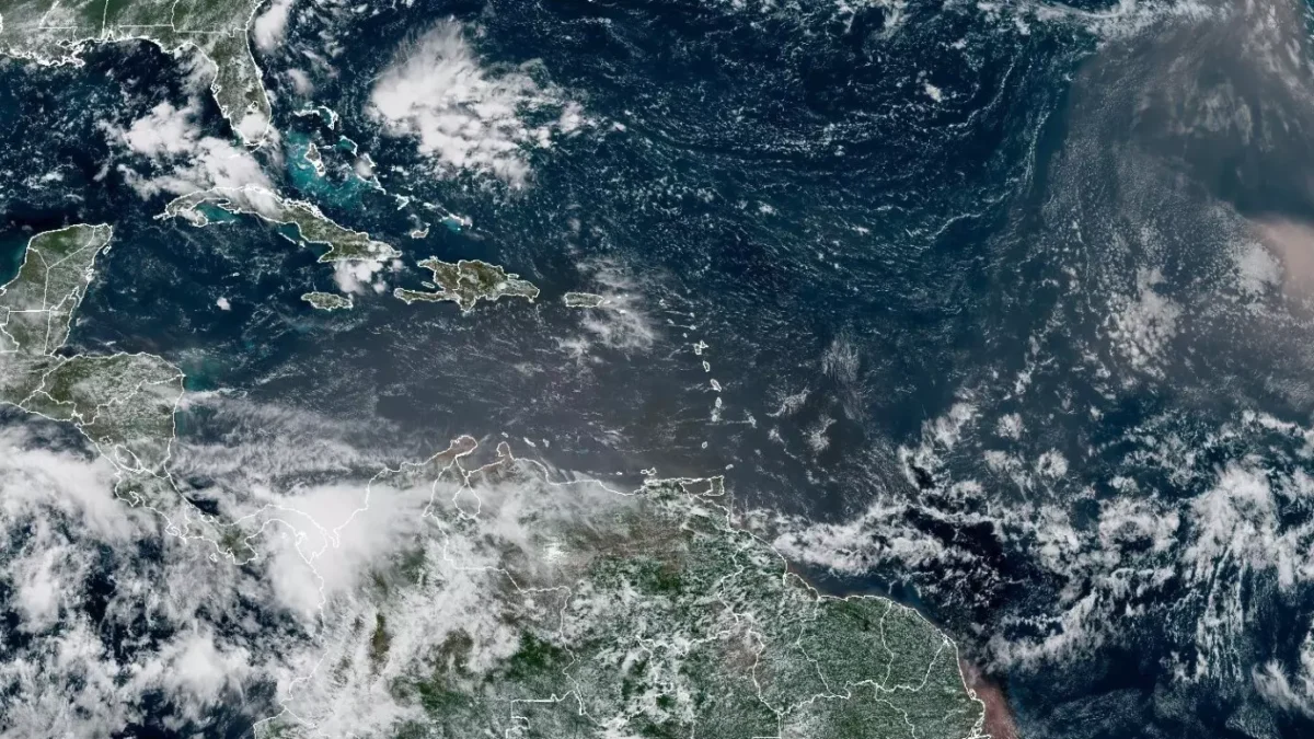 Atlantic basin satellite image from Aug. 6, 2026, during a quiet hurricane season.