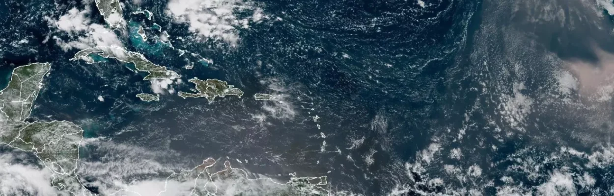 Atlantic basin satellite image from Aug. 6, 2026, during a quiet hurricane season.