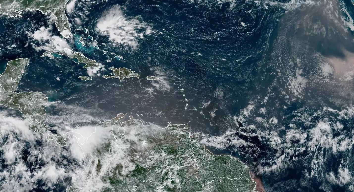 Atlantic basin satellite image from Aug. 6, 2026, during a quiet hurricane season.