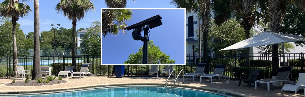 A composite image of a Flock camera looking at a swimming pool on a sunny day