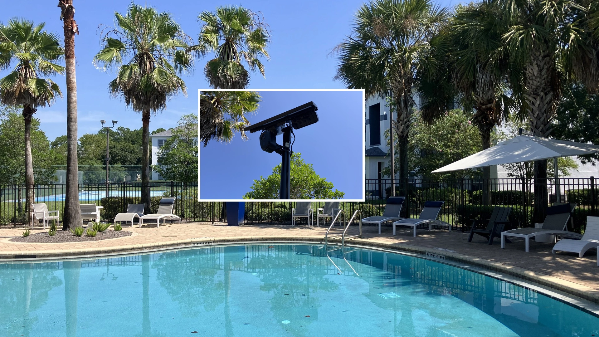 A composite image of a Flock camera looking at a swimming pool on a sunny day