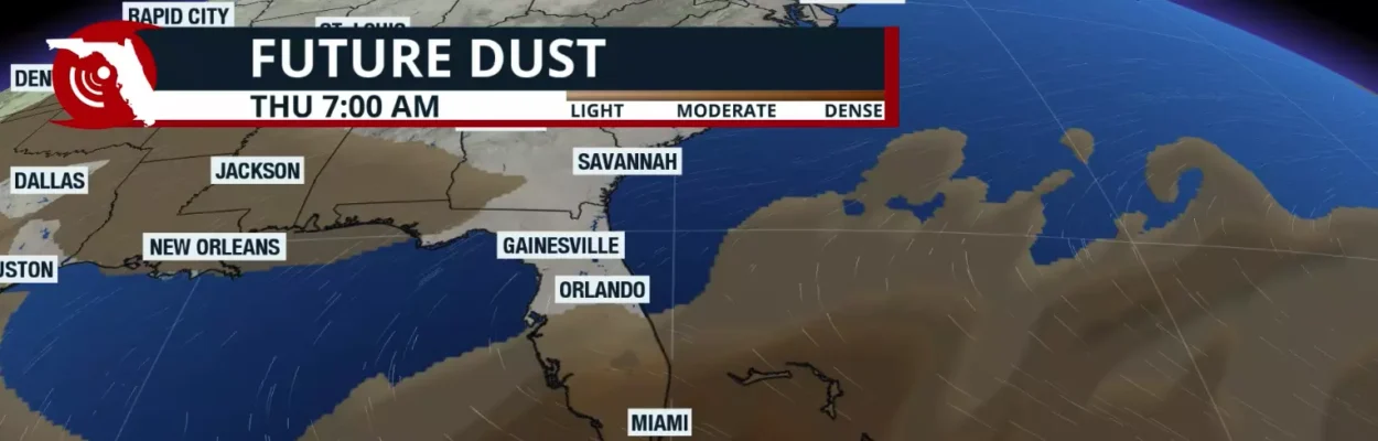 Map shows a haze of brown Saharan dust, which can suppress storms and increase heat.