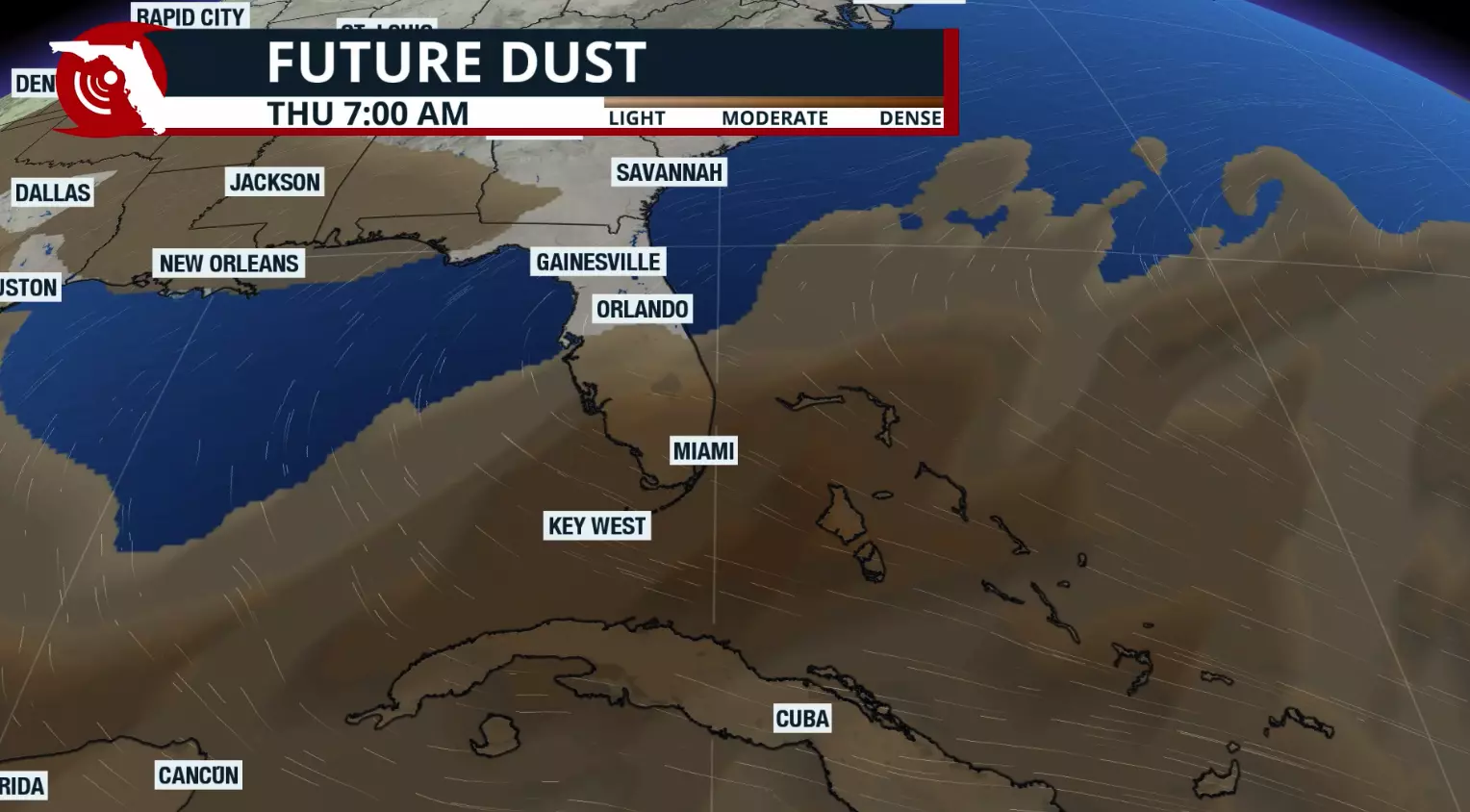 Map shows a haze of brown Saharan dust, which can suppress storms and increase heat.