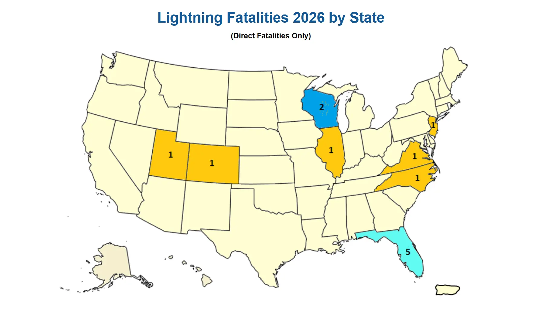 Map showing 2026 lightning fatalities in 2026.