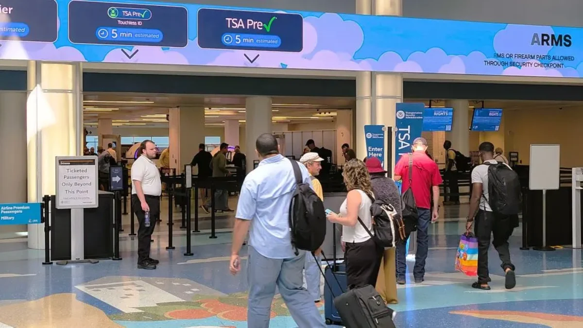 People form a line in front of the airport security TSA checkpoint