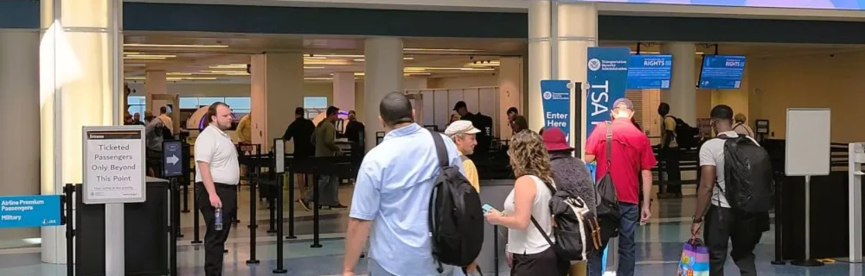 People form a line in front of the airport security TSA checkpoint